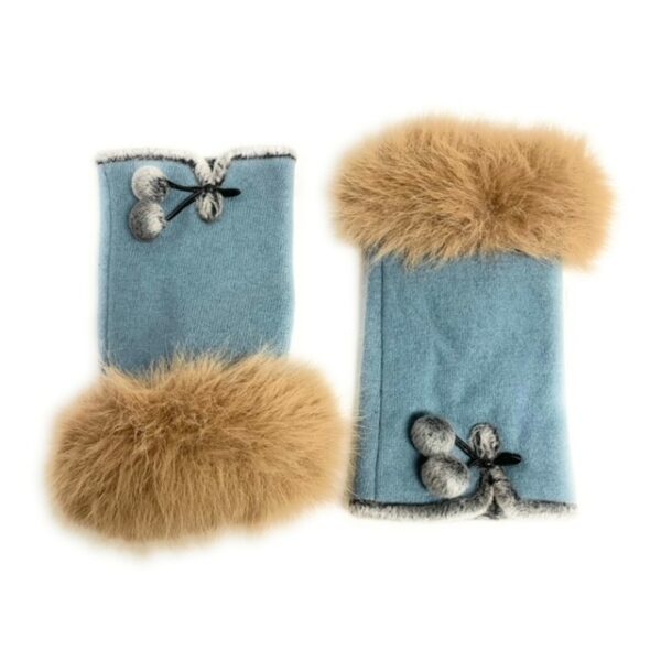 1186 wool blend half finger glove with faux fur cuff blue